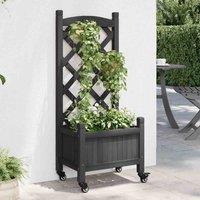 vidaXL Planter with Trellis and Wheels Black Solid Wood Fir, Black