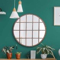 MirrorOutlet Kirkby - Rustic Metal Round Shaped Window Decorative Wall Mirror 32inch X 32inch 80cm X 80cm , Brown
