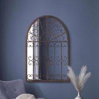 MirrorOutlet Kirkby - Dark Metal Rustic Framed Decorative Arched Wall Mirror With Opening Doors 35inch X 28inch 89cm X 70cm ., Brown