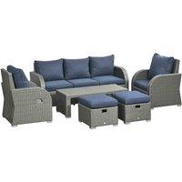 Outsunny 6pc Padded Rattan Wicker 3-Seat Sofa Recliner Footstool Table, Blue