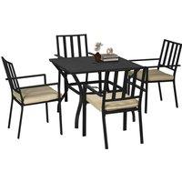 Outsunny Garden Dining Set with 4 Stackable Cushioned Chairs and Metal Top Table, Black