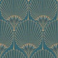 Grandeco Art Deco Nile Palm Textured Wallpaper 10m x 53cm Blue Gold, Blue