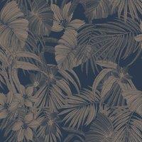 Grandeco Joelle Metallic Floral Fern Outline Wallpaper 10m x 53cm Navy & Rose Gold, Blue