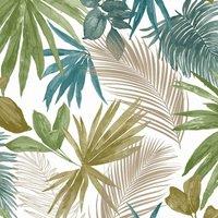 Grandeco Wild Palm Green Teal & Copper Metallic Textured Wallpaper 10m x 53cm, Green