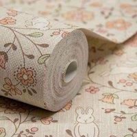 Grandeco Liberty Floral Bunny Trail Nursery Textured Wallpaper 10m x 53cm Natural Beige, Cream