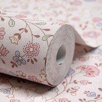 Grandeco Liberty Floral Bunny Trail Nursery Textured Wallpaper 10m x 53cm Pink, Pink