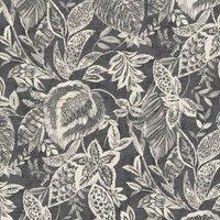 Grandeco Mae Painted Jungle Leaves Linen Textured Wallpaper 10m x 53cm Charcoal Black, Grey