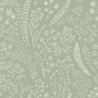 Grandeco Astrid Embroidery Stitch Foliage Trail Wallpaper 10m x 53cm Sage Green, Green