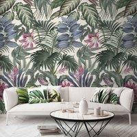 Grandeco Delicate Jungle Botanical xxl Leaves & Flowers Green & Pink Repeatable Wallpaper Mural 159 x 280cm, Green