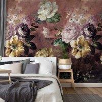 Grandeco Painted Flowers Burgundy Repeatable Wallpaper Mural 159 x 280cm, Purple