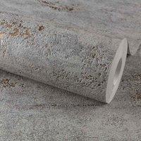 Grandeco On The Rocks Distressed Concrete Stone Textured Wallpaper 10m x 53cm Charcoal Grey & Copper, Grey