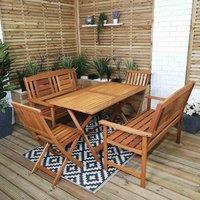 Samuel Alexander Outdoor 6 Person Folding Rectangular Wooden Garden Patio Dining Table Chairs and 2 Benches Set, Brown