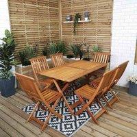 Samuel Alexander Outdoor 6 Person Folding Rectangular Wooden Garden Patio Dining Table Chairs Set, Brown