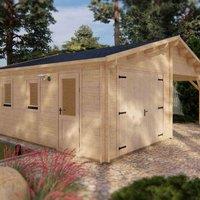 Shire 44 mm Log Cabin Garage with Carport 22 ft x 18 ft, Brown