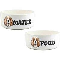 Purely Home Cartoon Cocker Spaniel Food & Water Bowl Set, White