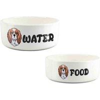 Purely Home Cartoon Cavalier King Charles Spaniel Food & Water Bowl Set, White