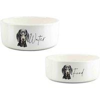 Purely Home Sketched Dachshund Food & Water Bowl Set, White
