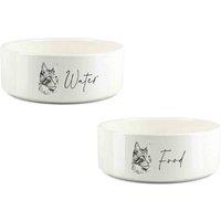 Purely Home Sketched Cat Food & Water Bowl Set, White