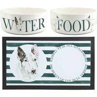 Purely Home Bull Terrier Pet Mat, Food & Water Bowl Set, White