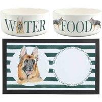 Purely Home German Shepherd Pet Mat, Food & Water Bowl Set, White