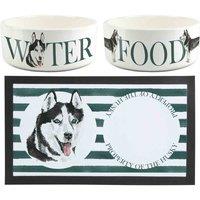 Purely Home Husky Pet Mat, Food & Water Bowl Set, White