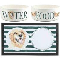 Purely Home Golden Retriever Pet Mat, Food & Water Bowl Set, White
