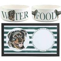 Purely Home Rottweiler Pet Mat, Food & Water Bowl Set, White