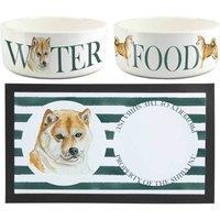 Purely Home Shiba Inu Pet Mat, Food & Water Bowl Set, White
