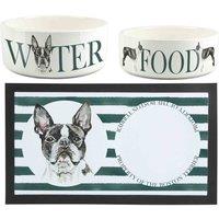 Purely Home Boston Terrier Pet Mat, Food & Water Bowl Set, White