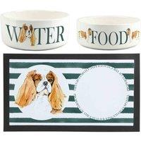 Purely Home Cavalier King Charles Spaniel Pet Mat, Food & Water Bowl Set, White