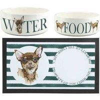 Purely Home Chihuahua Pet Mat, Food & Water Bowl Set, White