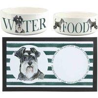 Purely Home Miniature Schnauzer Pet Mat, Food & Water Bowl Set, White