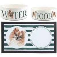 Purely Home Pomeranian Pet Mat, Food & Water Bowl Set, White