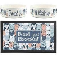 Purely Home Feed Me Hooman Pet Mat, Food & Water Bowl Set, White
