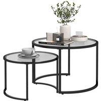 HOMCOM Glass Coffee Table Set of 2, Round Nest Of Tables For Living Room, Black