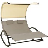 vidaXL Double Sun Lounger with Canopy Textilene Taupe and Cream, Brown