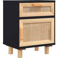 Vidaxl Bedside Cabinet Black Solid Wood Pine And Natural Rattan, Black