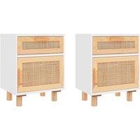 Vidaxl Bedside Cabinets 2 Pcs White Solid Wood Pine And Natural Rattan, White