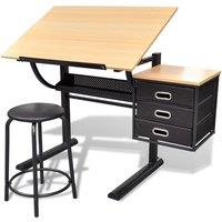 Vidaxl Three Drawers Tiltable Tabletop Drawing Table With Stool, Brown