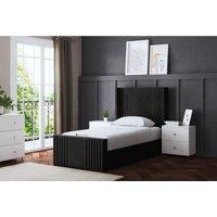 DS Living Elara Winged Panel Divan Bed Black with Headboard Single, Black