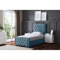 DS Living Allegra Upholstered Divan Bed Metallic Blue with Headboard Single, Blue