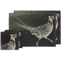 Selbrae House Slate Coaster & Place Mat Set - Pheasant, Black