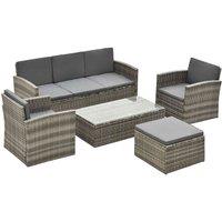 Outsunny 5 Pcs Rattan Cushion 3-seater Single Sofa Stool Glass Coffee Table, Grey