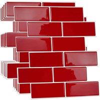Walplus 3D Tile Stickers Peel And Stick Backsplash Splashback Decals Tile Transfer For Kitchen Bathroom Living Room Stick On Tile Waterproof - Cherry Red Retro - 6 Pieces 30.5Cm 12inch , Red