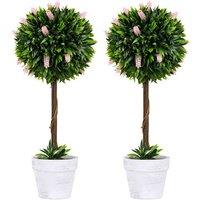 HOMCOM Set Of 2 Potted Artificial Plants Ball Tree With Flowers, Pink, Pink