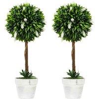 HOMCOM Set Of 2 Potted Artificial Plants Ball Tree With Flowers, White, White