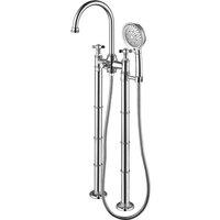 Vurtu Danube Floor Mounted Bath Shower Filler 1 4 Turn Dual Lever Ceramic Disc High Low Water Pressure 972 h X 356 w Chrome 383801, Silver