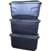 Samuel Alexander 3 X 75L Heavy Duty Trunks On Wheels Sturdy Lockable Stackable And Nestable Design Storage Chest With Clips In Black, Black
