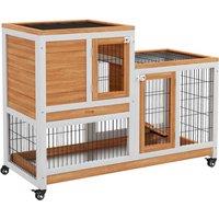 PawHut Wooden Indoor Rabbit Hutch Elevated Bunny Cage w/ Enclosed Run Wheel, Yellow