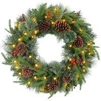 HOMCOM 60cm Christmas Wreath With LED Lights Pine Cones Red Berries Green, Green